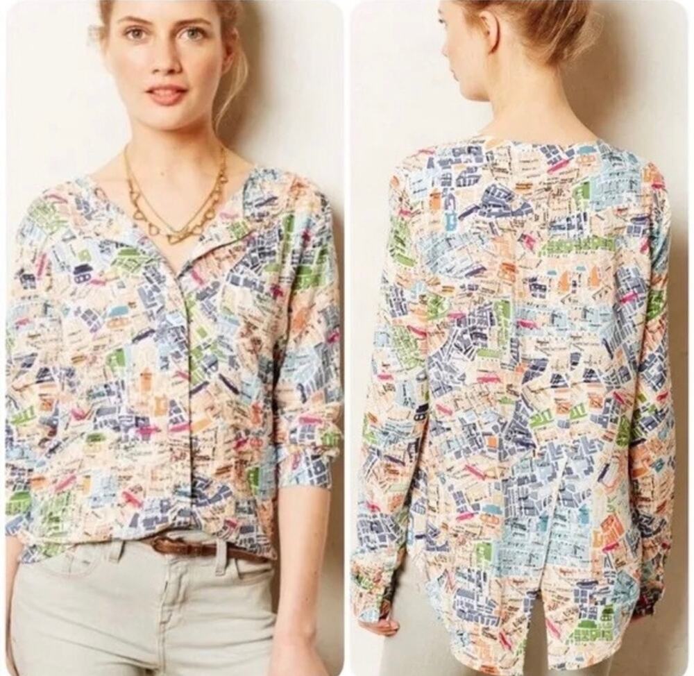 Maeve Anthropologie Map Graphic Print Button Up Blouse Tunic Colorful Size 6